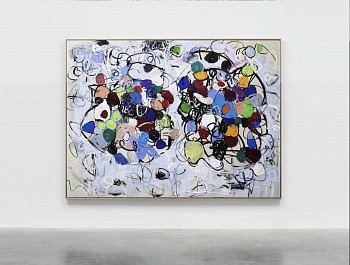 Abstract contemporary painting titled Afib Hearts (2024) by Taher Jaoui, featuring bold strokes of red, yellow, blue, and black with gestural abstraction, expressive mark-making, and layered textures on a 65 x 82 5/8 in. mixed-media canvas.