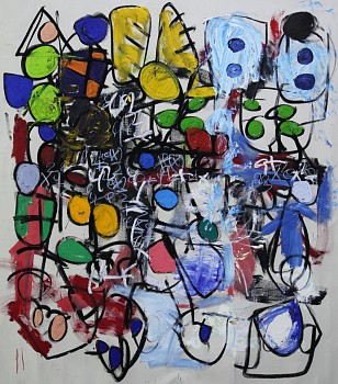 Abstract contemporary painting titled A Far Better View (2024) by Taher Jaoui, featuring bold strokes of yellow, blue, green, and red with gestural abstraction, expressive mark-making, and cryptic text elements on a 65 x 57 in. mixed-media canvas.