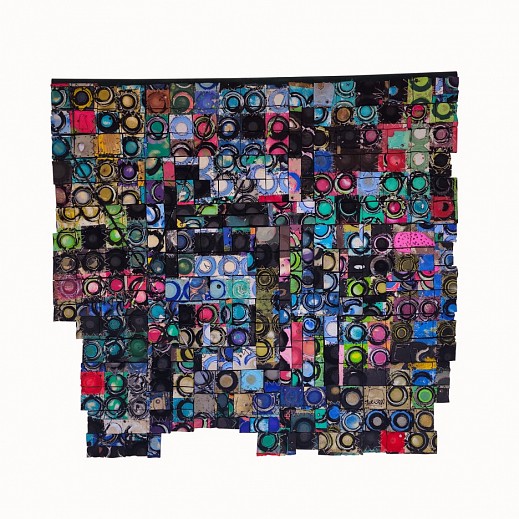 A mixed-media artwork by Patrick Tagoe Turkson titled 403 Soobolo 2 (2024), featuring an intricate arrangement of found flip flops on suede. Measuring 49 x 46 inches, the artwork highlights themes of sustainability, repurposing, and cultural identity thro