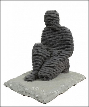 Boaz Vaadia Hattush (#115) (2011), bronze and bluestone seated figure sculpture, 12.5 x 11.5 x 9.5 inches. Created using Vaadiaâ€™s signature stacked stone technique, inspired by natural rock formations. Available at Sponder Gallery.