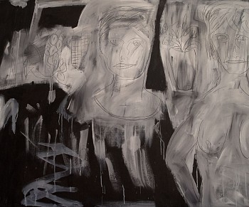 Abstract figurative painting Black Line Figures (2001) by Harold Garde, featuring outlined human figures in black and white, expressive brushstrokes, and a high-contrast contemporary expressionist style. Acrylic on canvas, 44 x 56 inches.