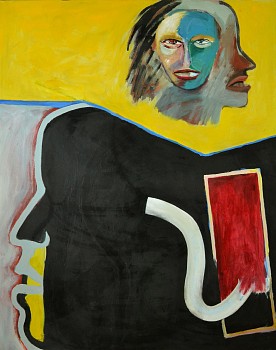Abstract Expressionist painting Ancestic (c. 1991) by Harold Garde, featuring layered faces, bold colors, and surrealist elements that explore ancestry, identity, and transformation. Acrylic on canvas, 55 x 44 inches.