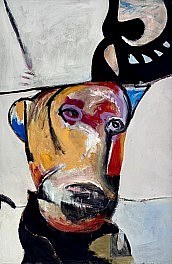 Harold Garde - Self Portrait as a Stranger (1987) An abstract expressionist painting by Harold Garde titled Self Portrait as a Stranger (1987). The artwork depicts a distorted, dog-like face with human features, rendered in vibrant colors with expressive brushstrokes. A black, mask-like shape hovers abov