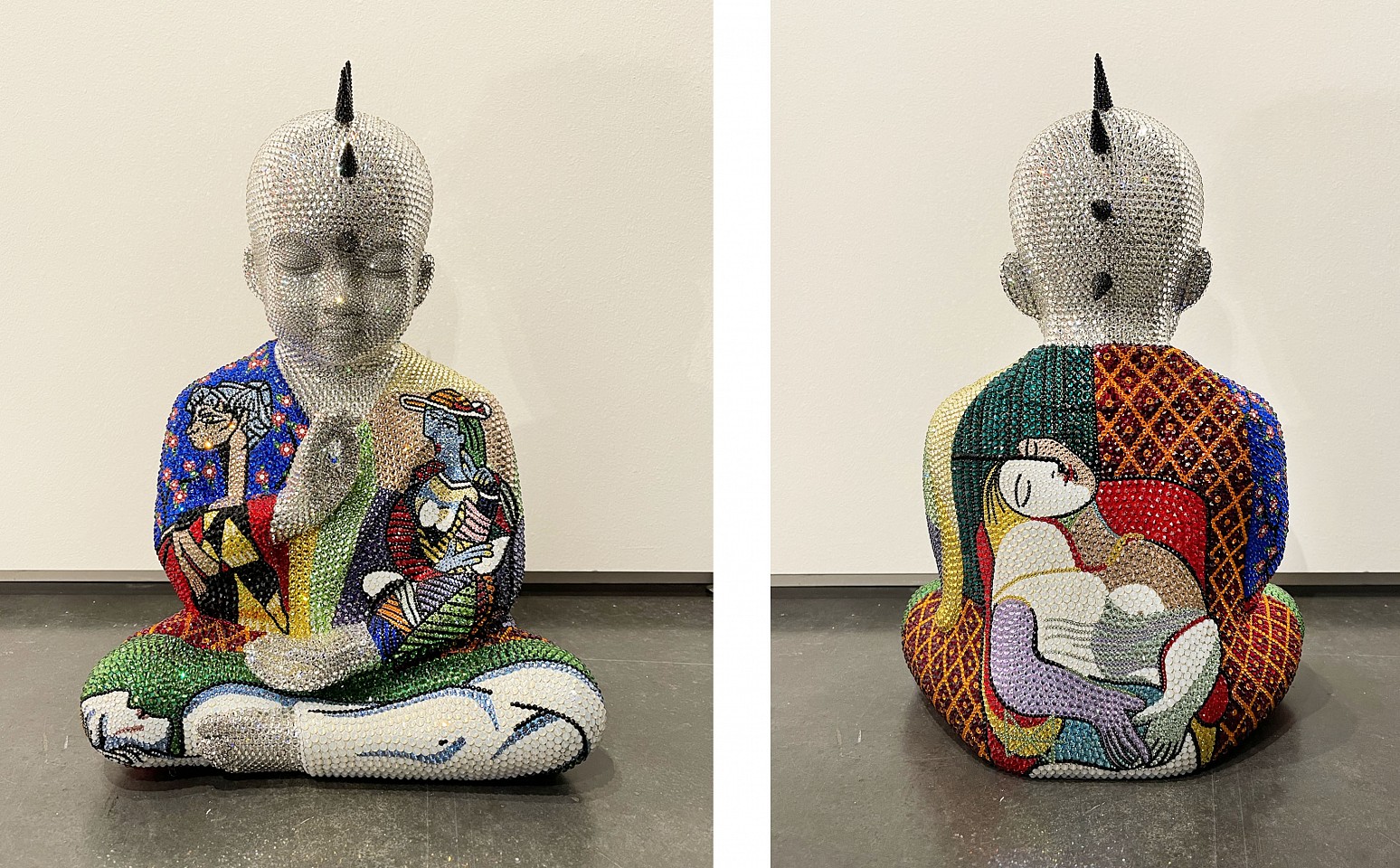 Metis Atash, She Who Dreams, 2025
Resin, acrylic paint and 28,000 Swarovski crystals, 17 x 12 x 7 in.
A cast resin Punk Buddha sculpture with imagery inspired by Pablo Picasso created using over 28,000 swarovski crystals 
ATAS00263