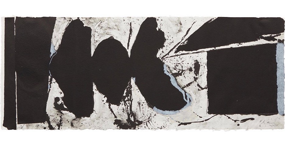 Robert Motherwell, Elegy Black Black; edition 89/98, 1983
Lithograph on white TGL handmade paper, 15 x 37.75 inches (paper) /  22 x 45.5 inches (framed)
This lithograph was printed by Roger Campbell and Lee Funderburg at Tyler Graphics Ltd., New York, and published by Tyler Graphics Ltd., New York.
MOTH00013