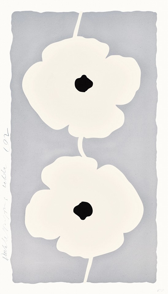 Donald Sultan, Z Double Poppies White; edition of 25, 2025
Color silkscreen with enamel inks, flocking, and sand on Rising 4-ply museum board, 52 1/2 x 30 in.
SULT00172