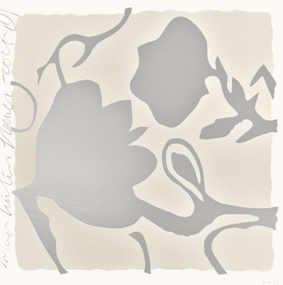 Donald Sultan, Z Little Lantern Flowers (Silver); edition of 30, 2025
Color Silkscreen with enamel inks, and tar-like texture on Rising 2-ply museum board, 18 x 18 in.
SULT00191