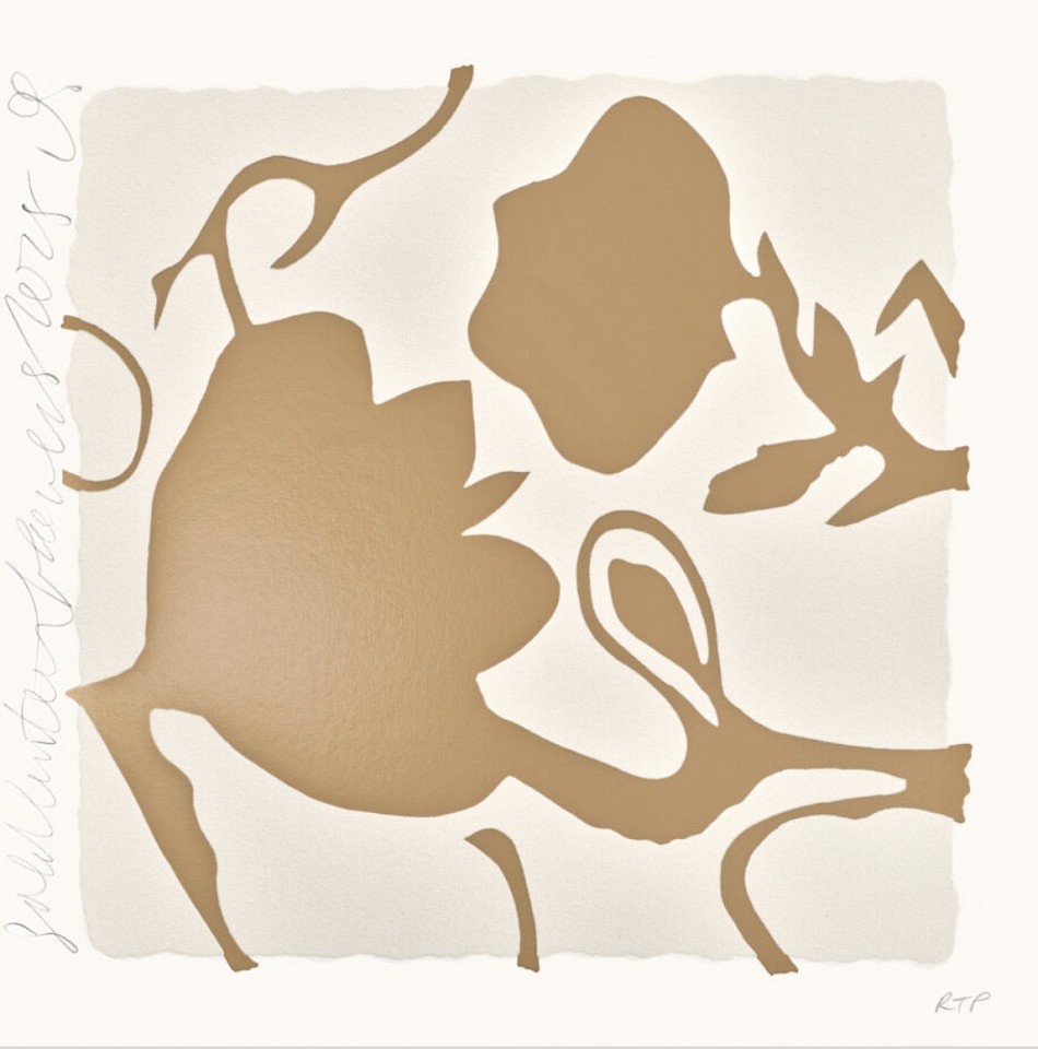 Donald Sultan, Z Little Lantern Flowers (Gold); edition of 30, 2025
Color Silkscreen with enamel inks, and tar-like texture on Rising 2-ply museum board, 18 x 18 in.
SULT00188
